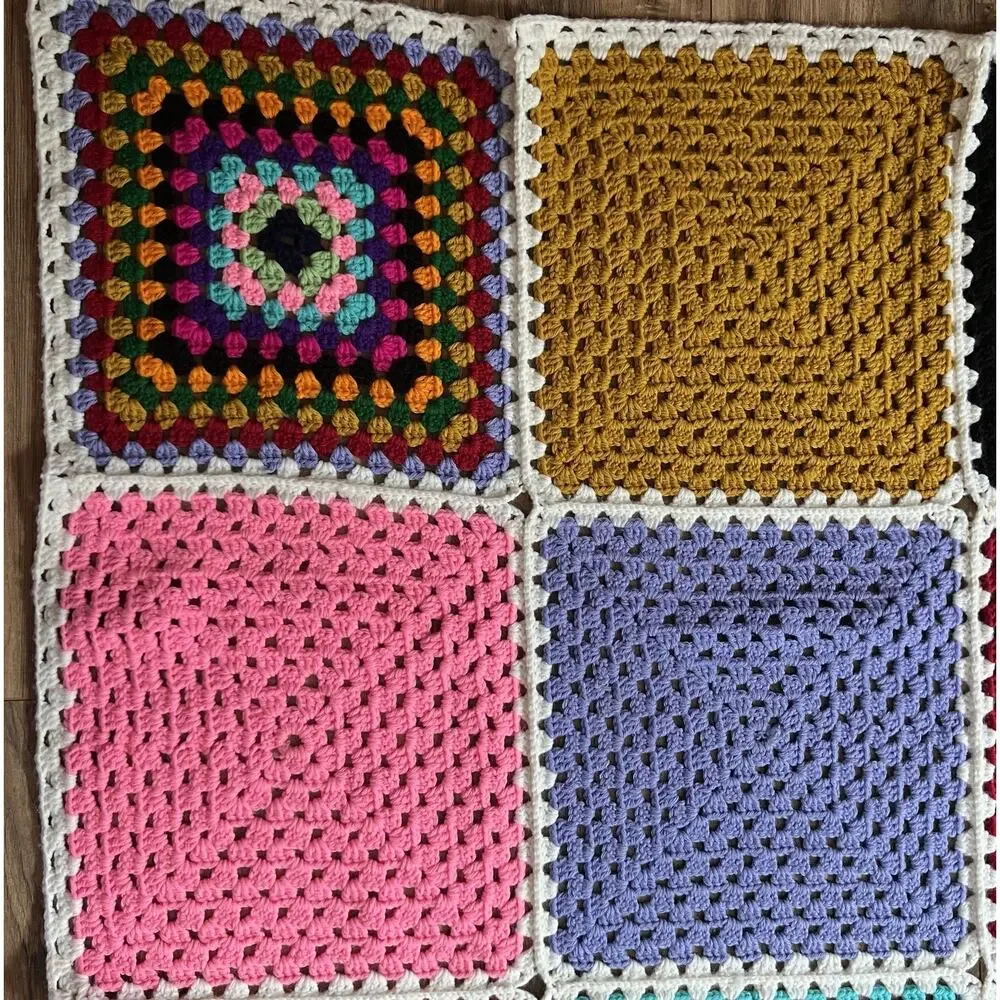 Vtg Crochet Granny Square Roseanne Blanket MultiColored Afghan Throw 66
